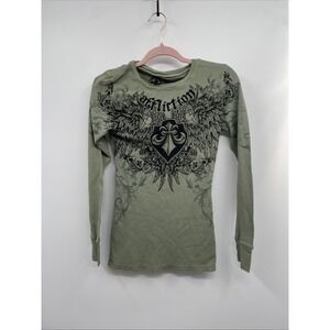 Affliction Clothing Thermal T-Shirt Womens L Dark Green Graphic Print Grunge NWT